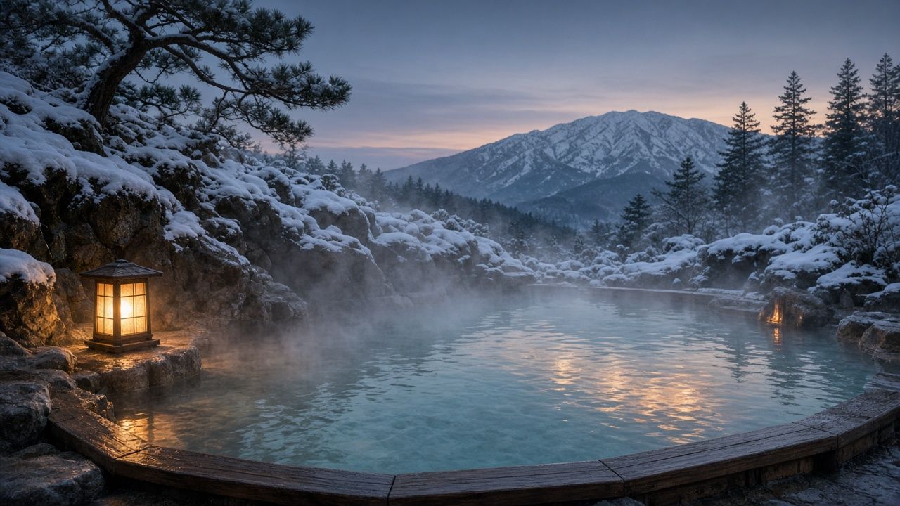 雪景中的露天溫泉與燈籠情境示意