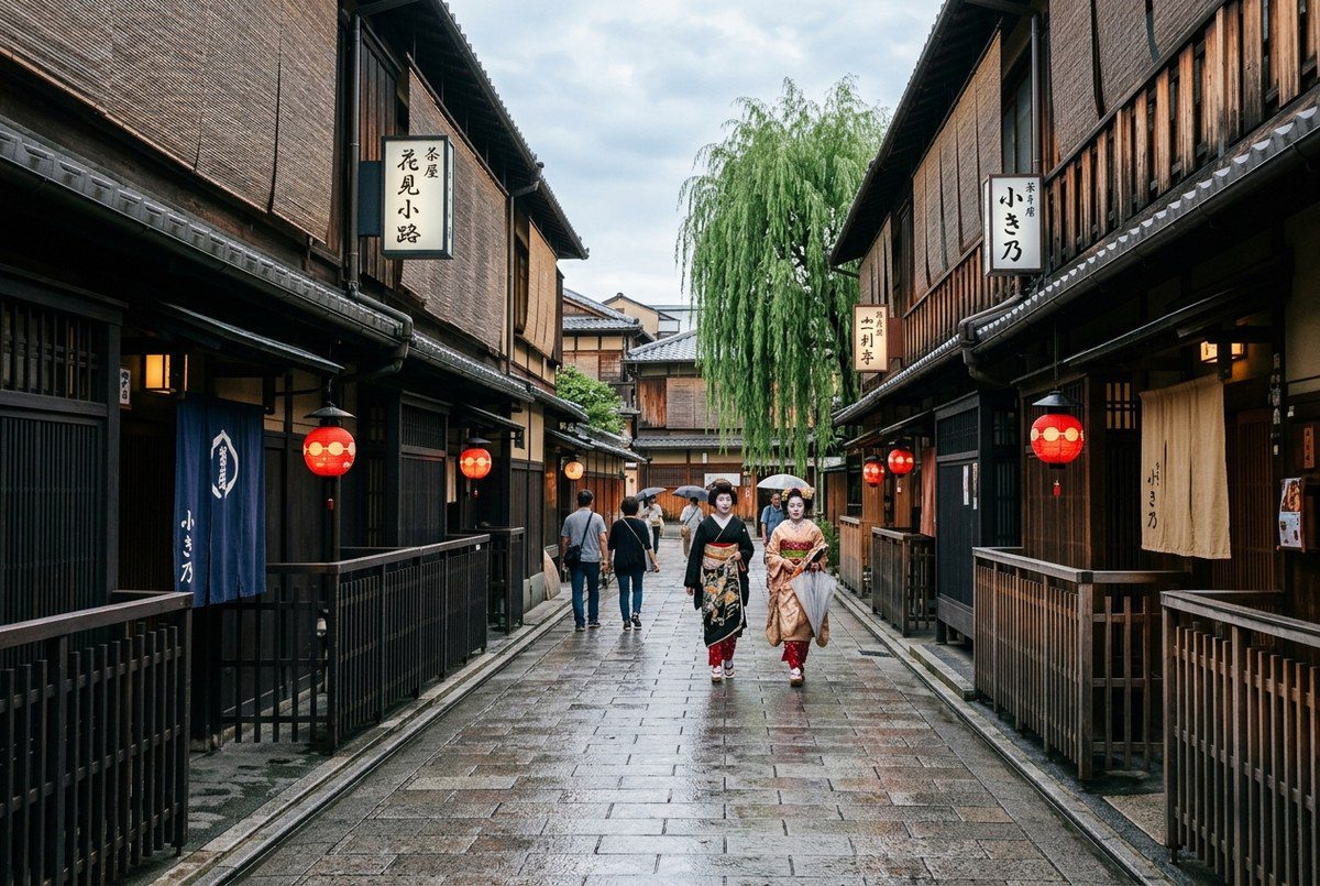 京都祇園花見小路 兩旁傳統木格窗町家茶屋與石板步道和風街景實拍