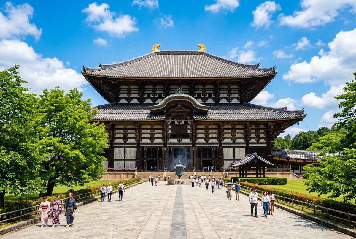 奈良東大寺大佛殿 雄偉古代木造寺院正殿與參道石板廣場晴空實拍