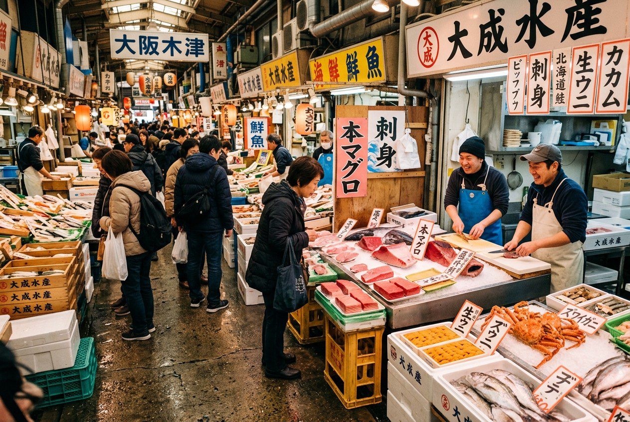 大阪木津批發市場 熱鬧的海鮮攤位與生猛海鮮實拍