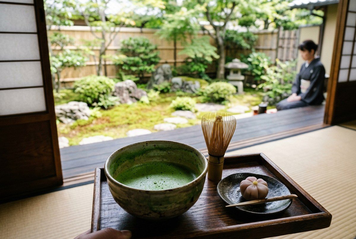 京都宇治道地茶道體驗 陶碗手刷濃郁綠抹茶茶筅與和菓子庭園景致實拍