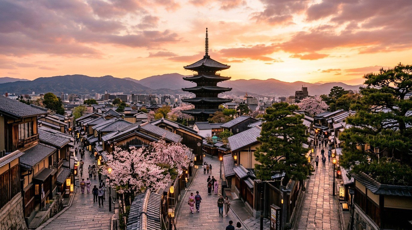 京都東山八坂之塔 傍晚夕陽金光灑落傳統町家木造建築與石板小徑全景