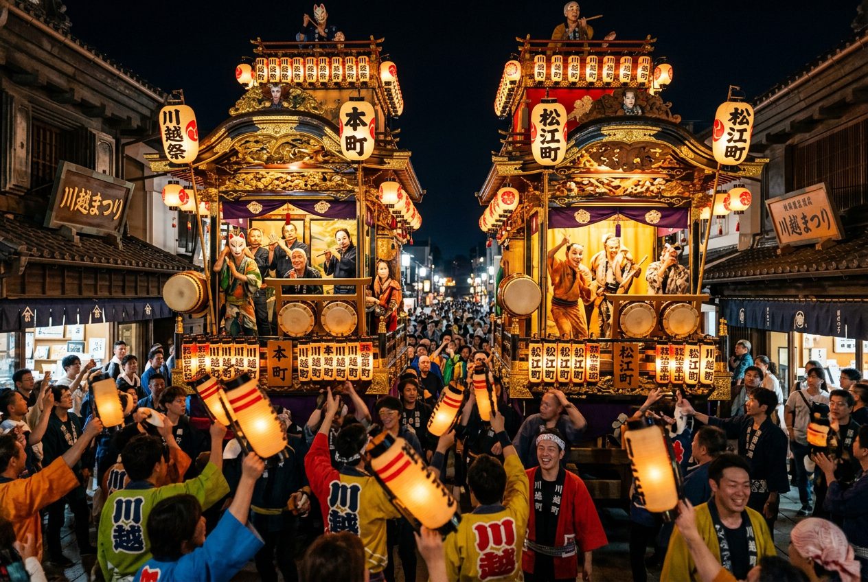 川越祭夜間曳っかわせ山車囃子競演情境示意