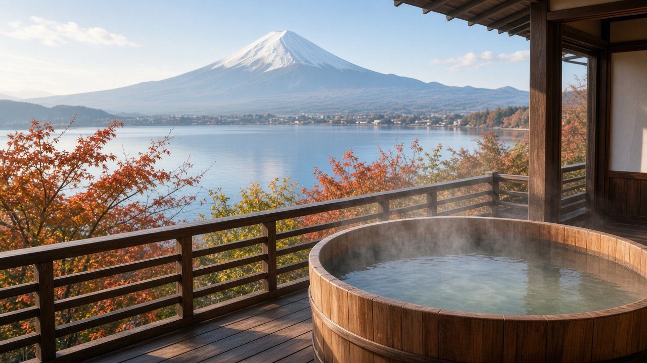 河口湖溫泉 露天風呂遠眺富士山