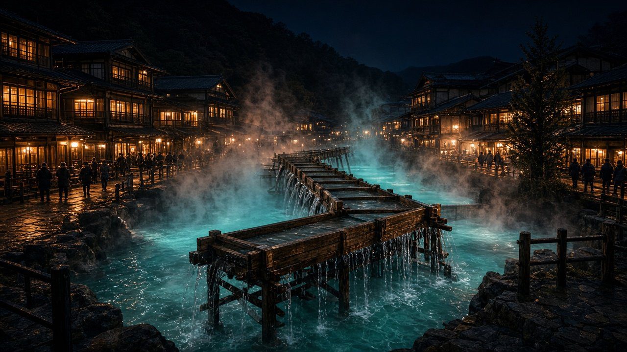 草津溫泉 湯畑夜間點燈與溫泉街