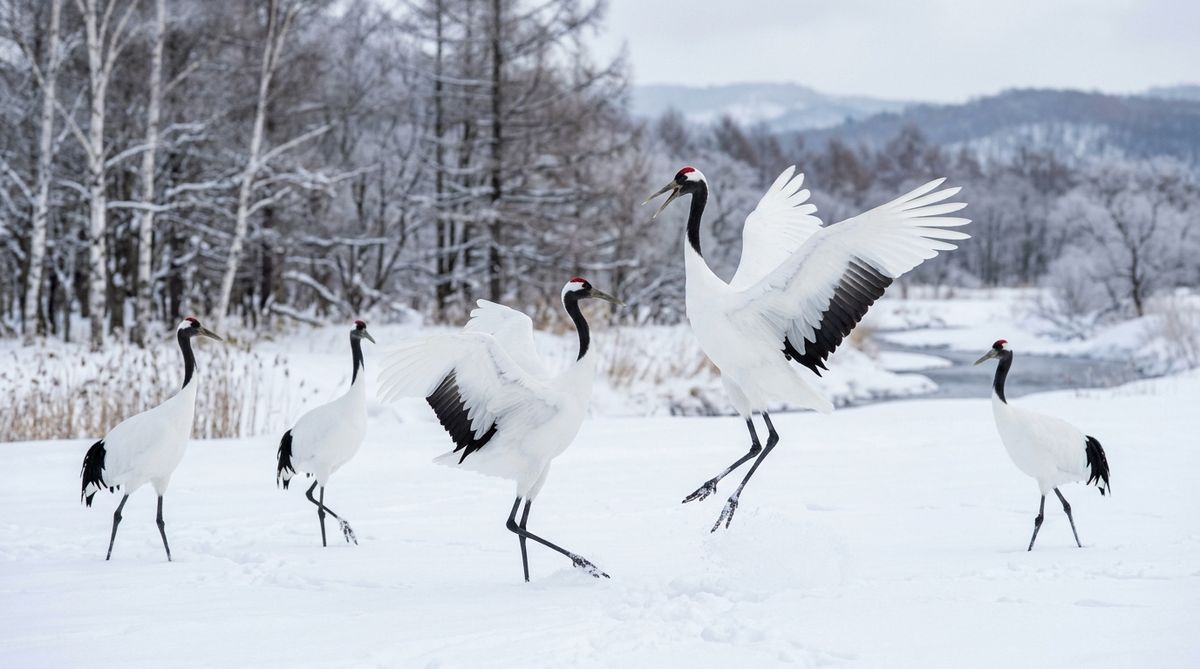 釧路丹頂鶴雪地翩翩起舞