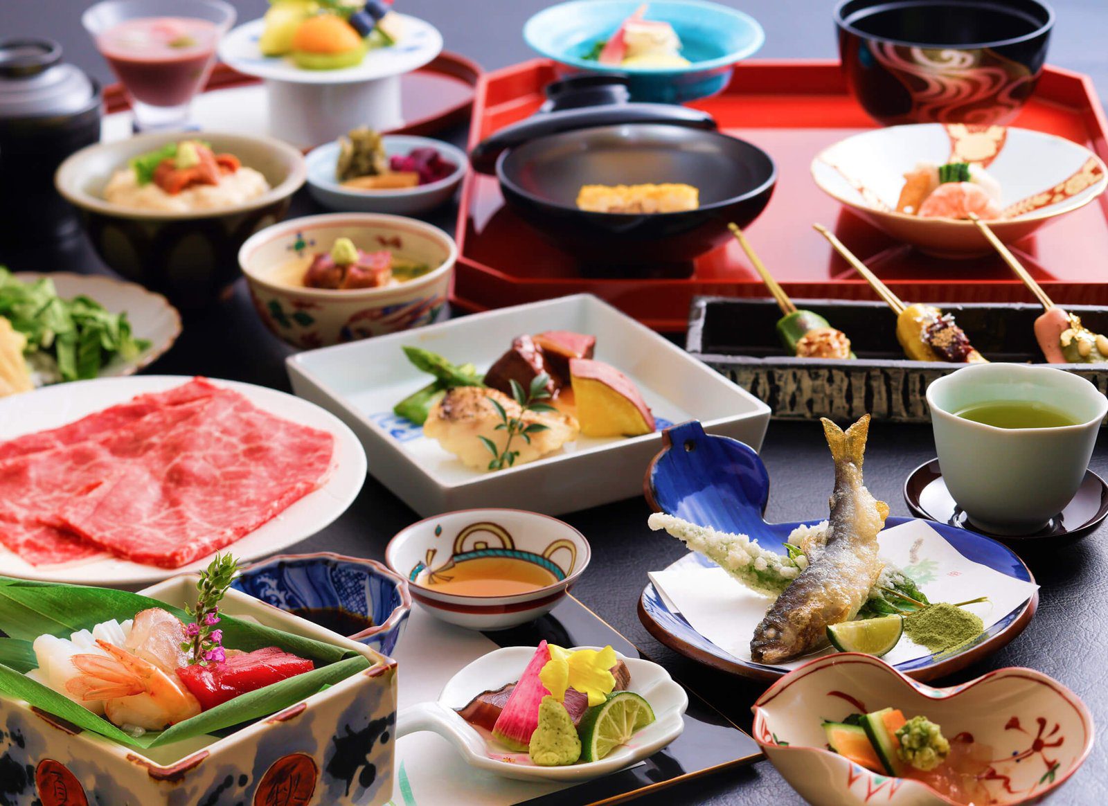 京都 御室 花傳抄 京會席的前菜、生魚片與牛肉