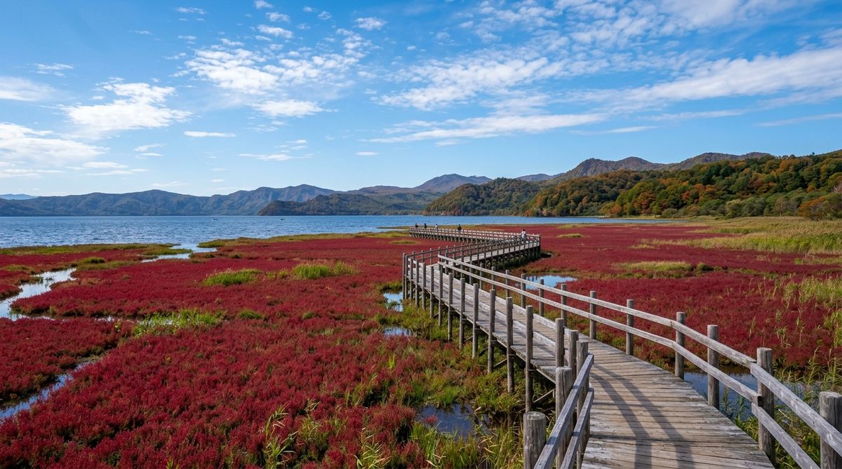 網走能取湖木棧道與如紅地毯般盛開的珊瑚草群生絕景