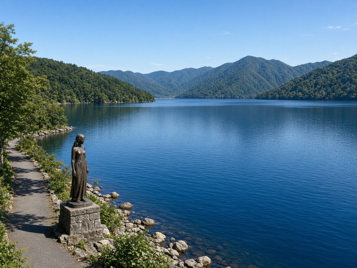 田澤湖湖畔與雕像情境示意