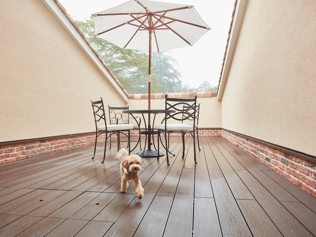 Le Chien 舊輕井澤 屋頂陽台的陽傘桌椅與小型犬