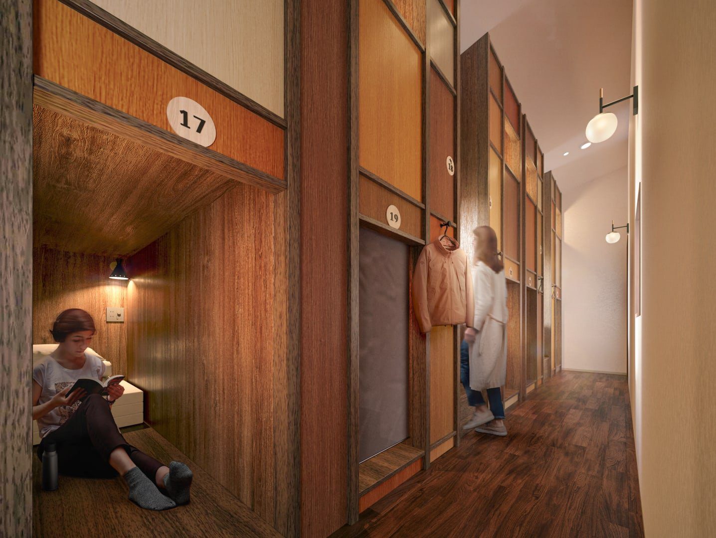 星野集團 LUCY 尾瀨鳩待 Dormitory 走廊兩側編號的單人空間