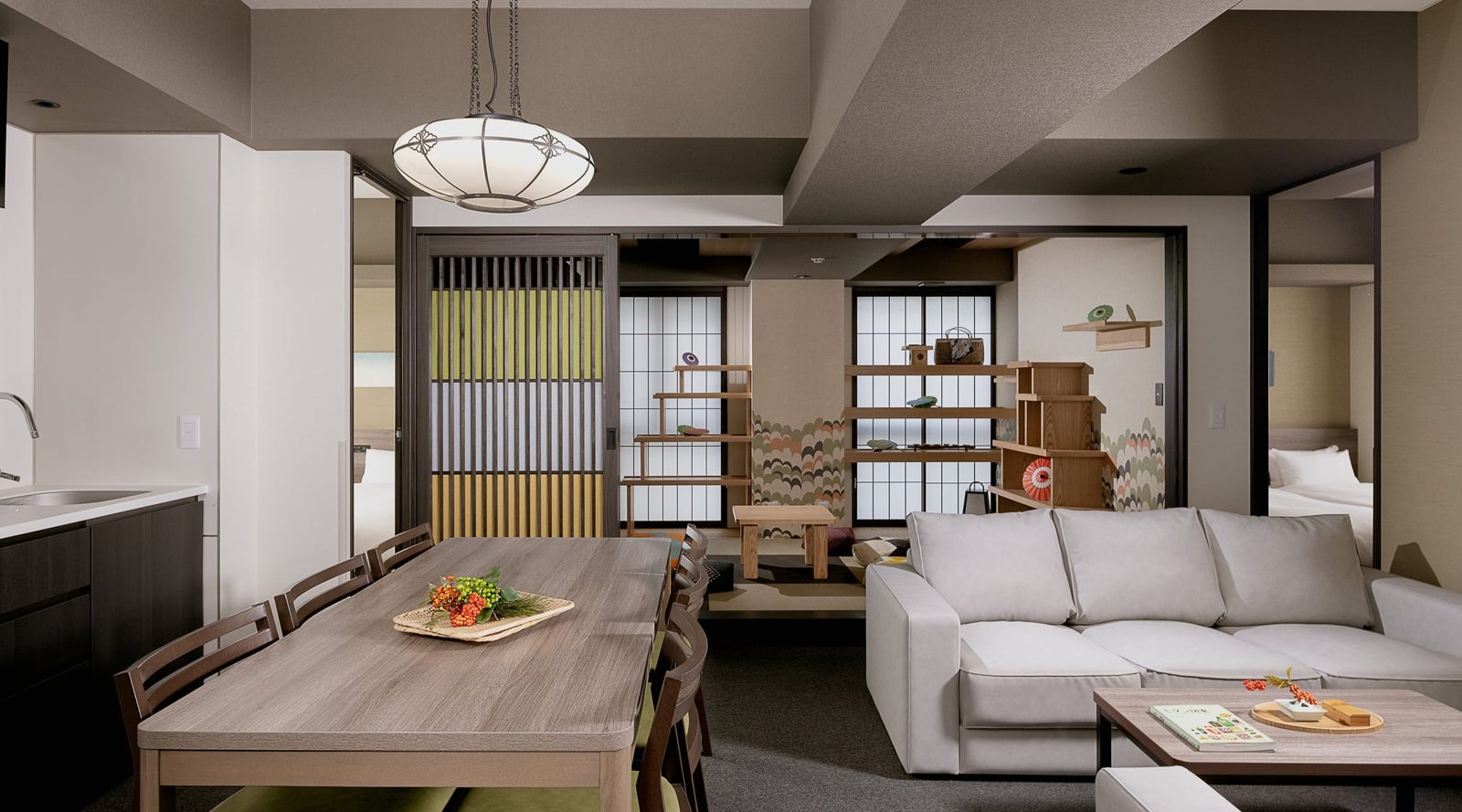 MIMARU SUITES 京都CENTRAL 85㎡ 兩房式套房：客廳大到六人吃飯不擠