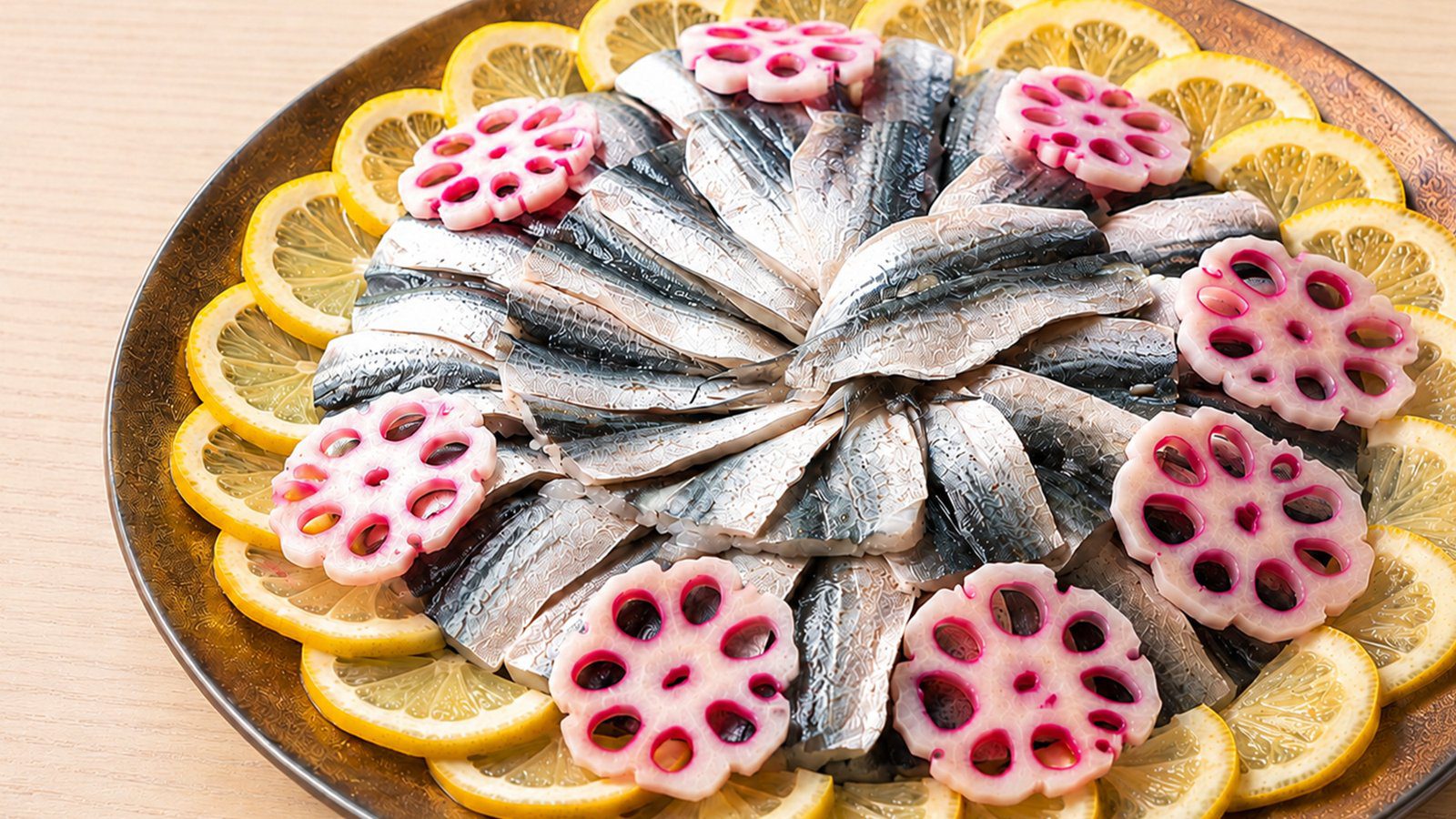 三井花園飯店 岡山 ままかり醋漬排成一圈，配蓮藕與檸檬片