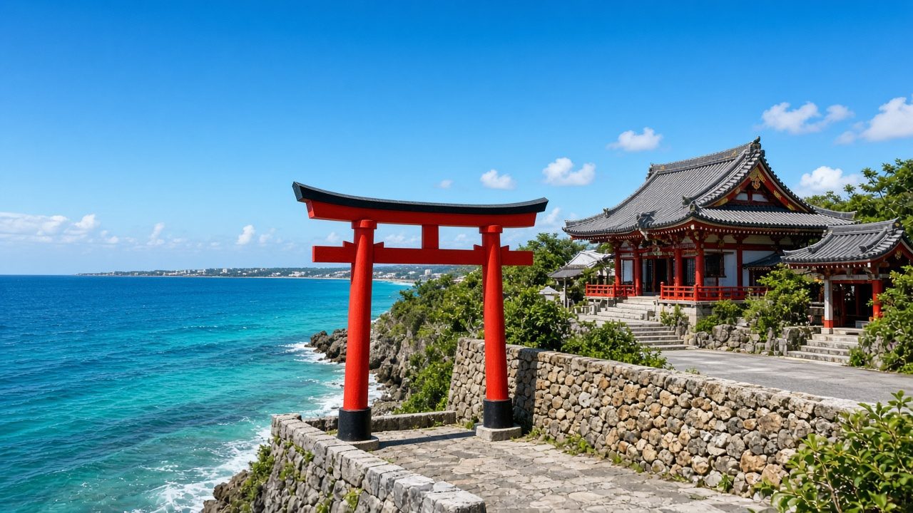 那霸波上宮紅色鳥居與海邊斷崖