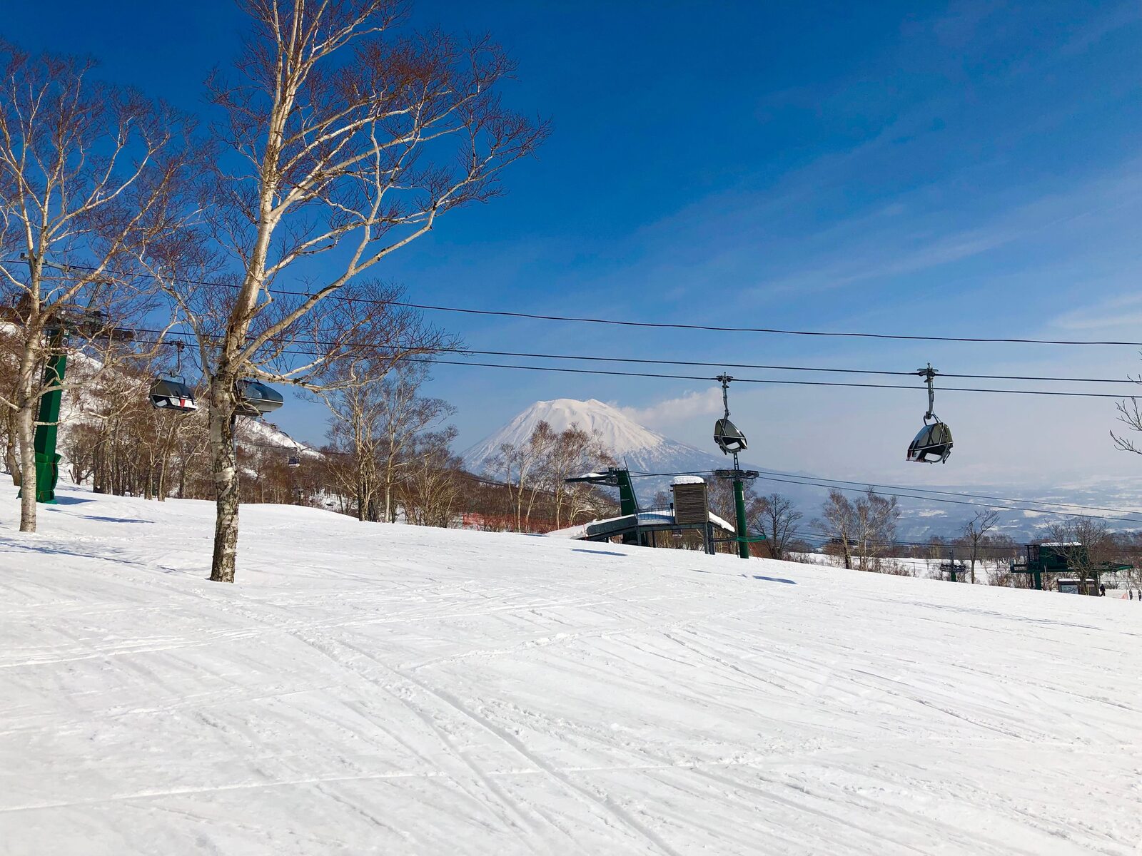 二世古寬闊雪道、纜車與遠方羊蹄山