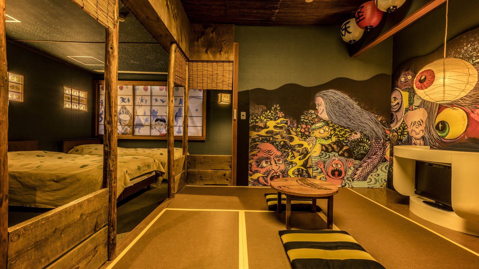 皆生溫泉 大江戶溫泉物語 かいけ 牆上畫著妖怪的鬼太郎主題房