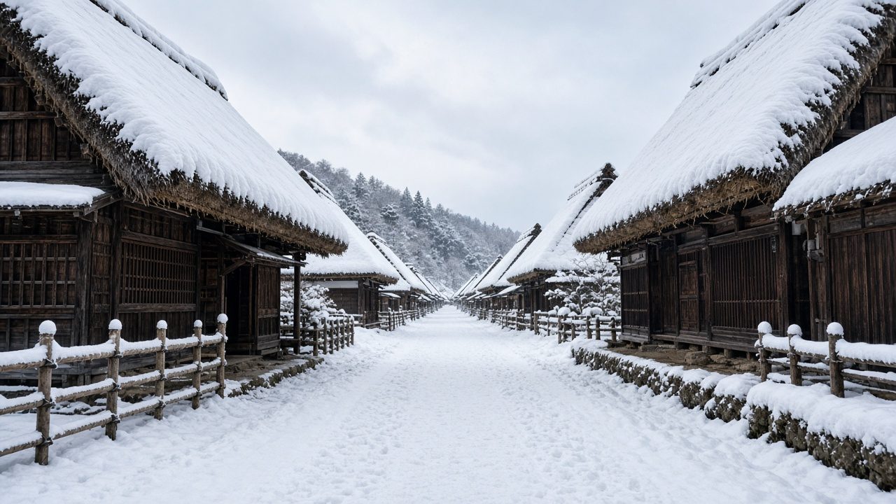 福島大內宿茅葺聚落雪景情境示意