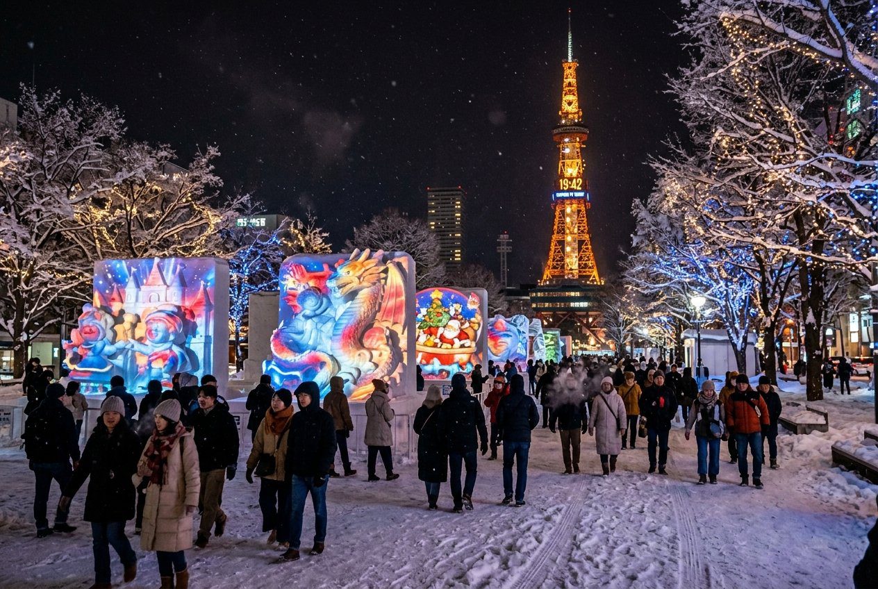 札幌雪祭大通公園夜間點燈與璀璨雪景全景
