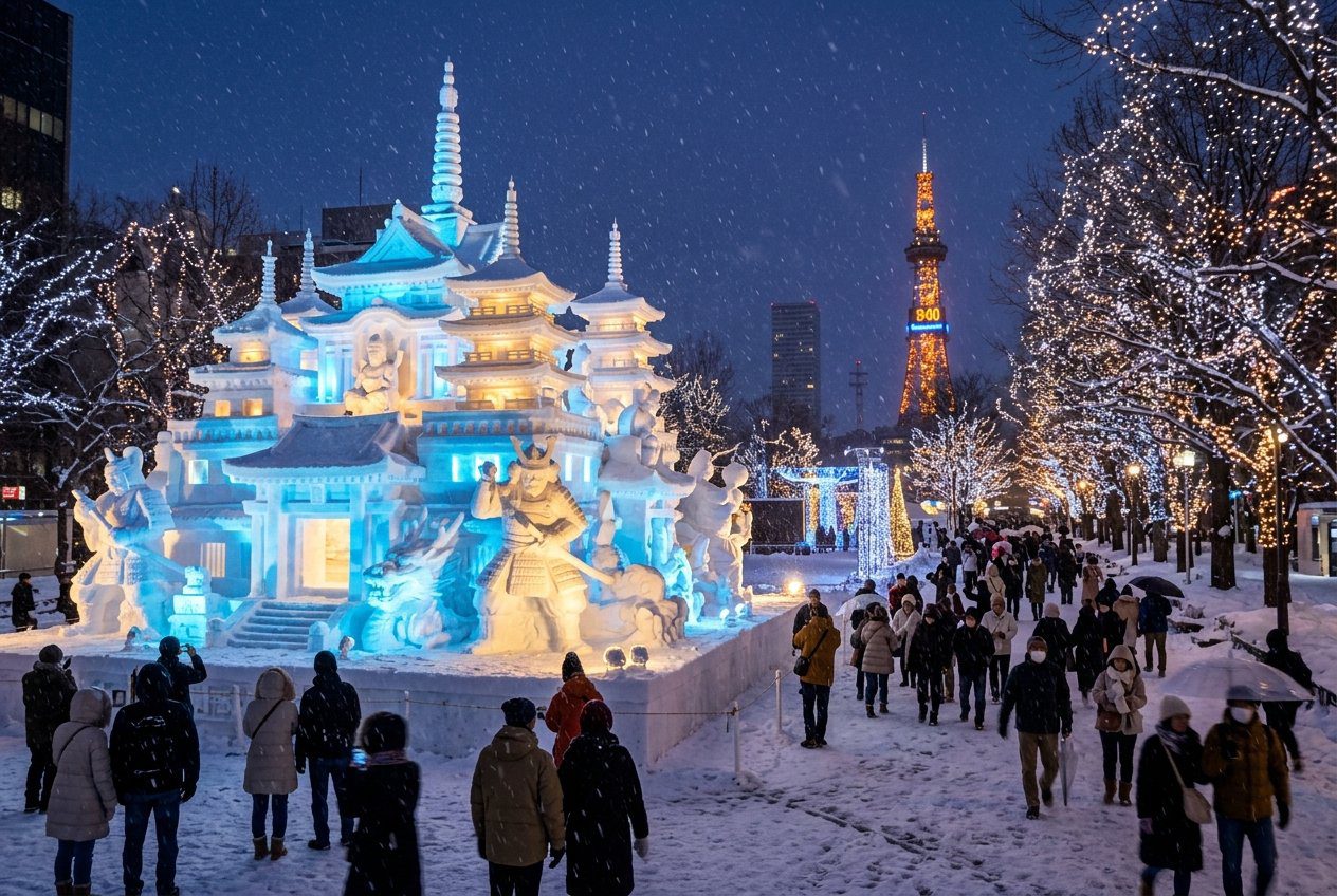 札幌電視塔與雪祭夜間點燈雪雕