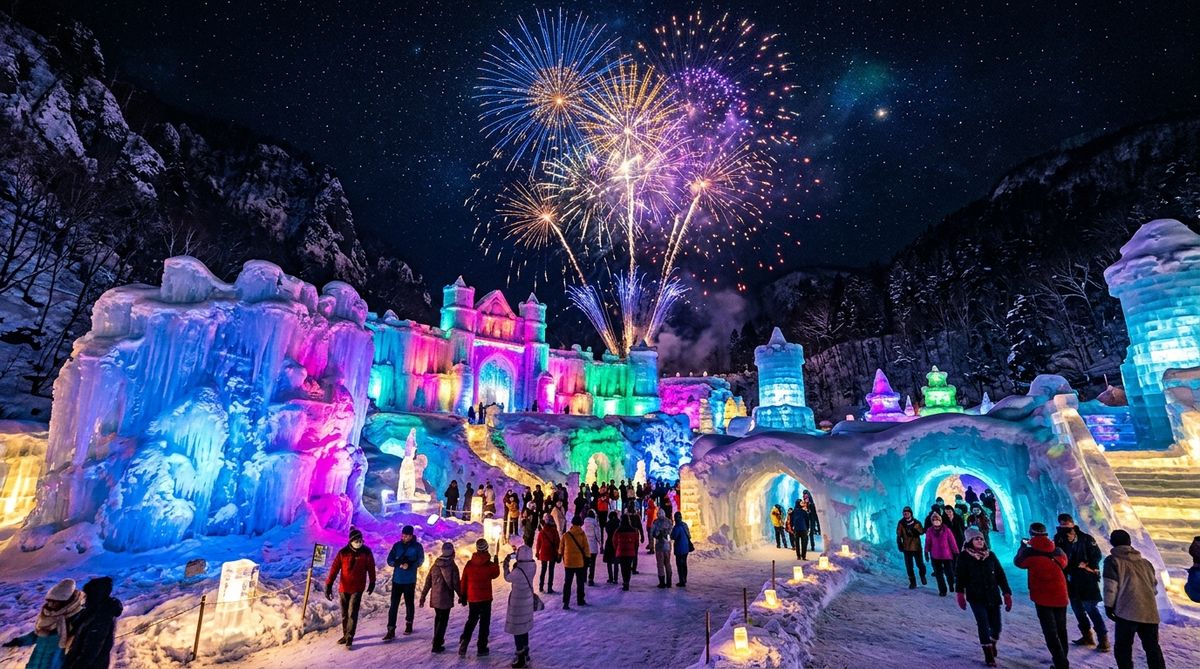 層雲峽冰瀑祭巨型七彩冰雪城堡