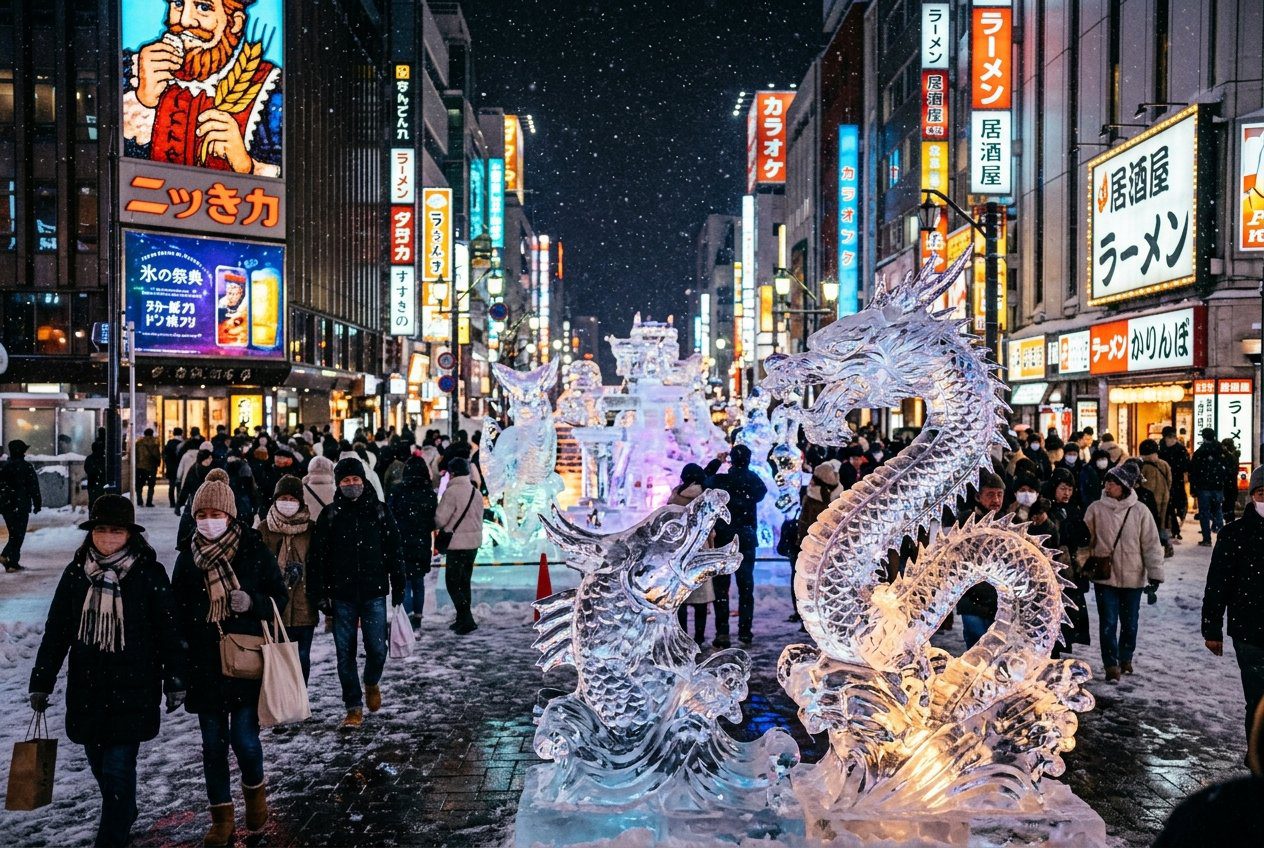 薄野冰雕祭晶瑩剔透冰雕街景