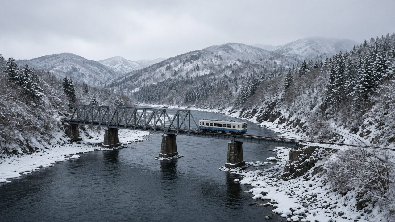 只見線冬景鐵橋與列車情境示意