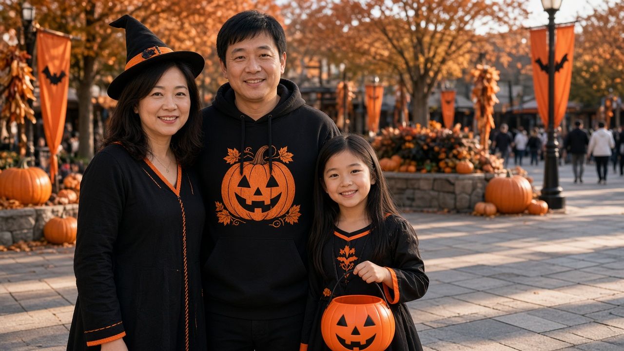 親子穿著不遮臉萬聖節服裝的情境示意