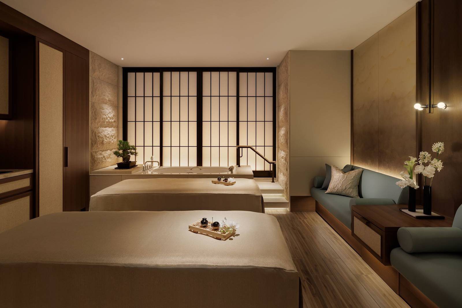 大阪華爾道夫酒店 Spa 和風療程室與障子窗