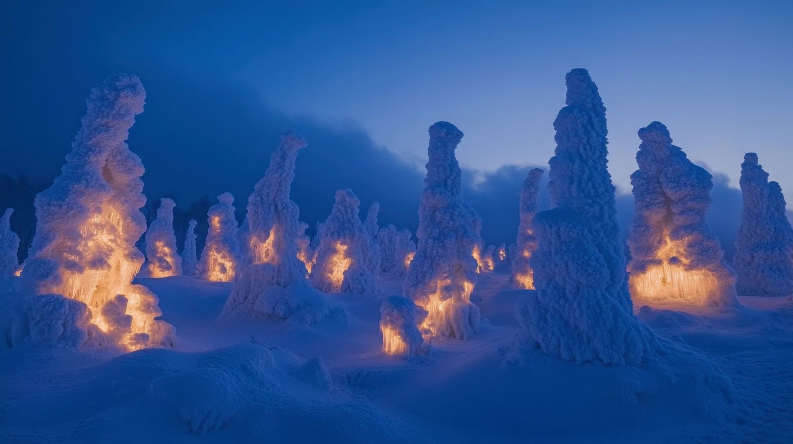 藏王樹冰夜間點燈，藍色夜空下雪怪內部透出橘黃燈光