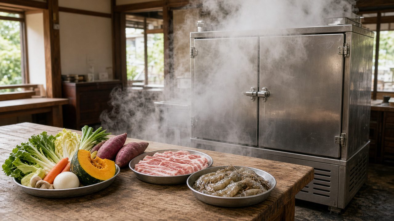 地獄蒸し情境示意圖：蒸氣箱旁擺著蔬菜、肉與海鮮食材