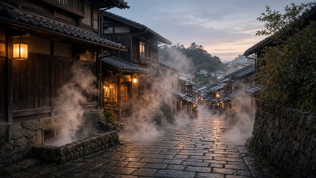別府鐵輪溫泉街情境示意圖：傍晚的石板坡道與木造老屋之間冒著湯煙