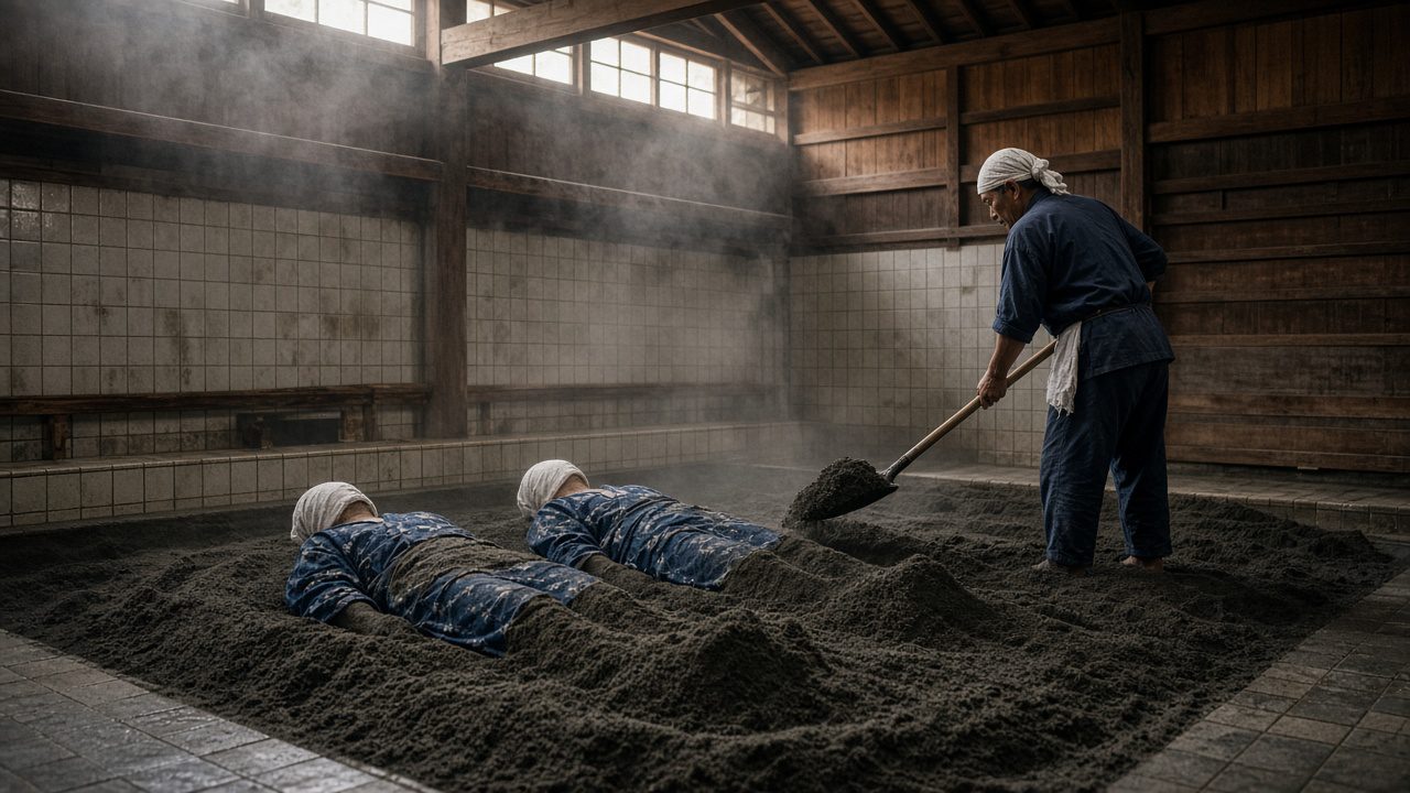 砂湯情境示意圖：穿浴衣的人躺在溫熱的砂裡，工作人員用鏟子鋪砂