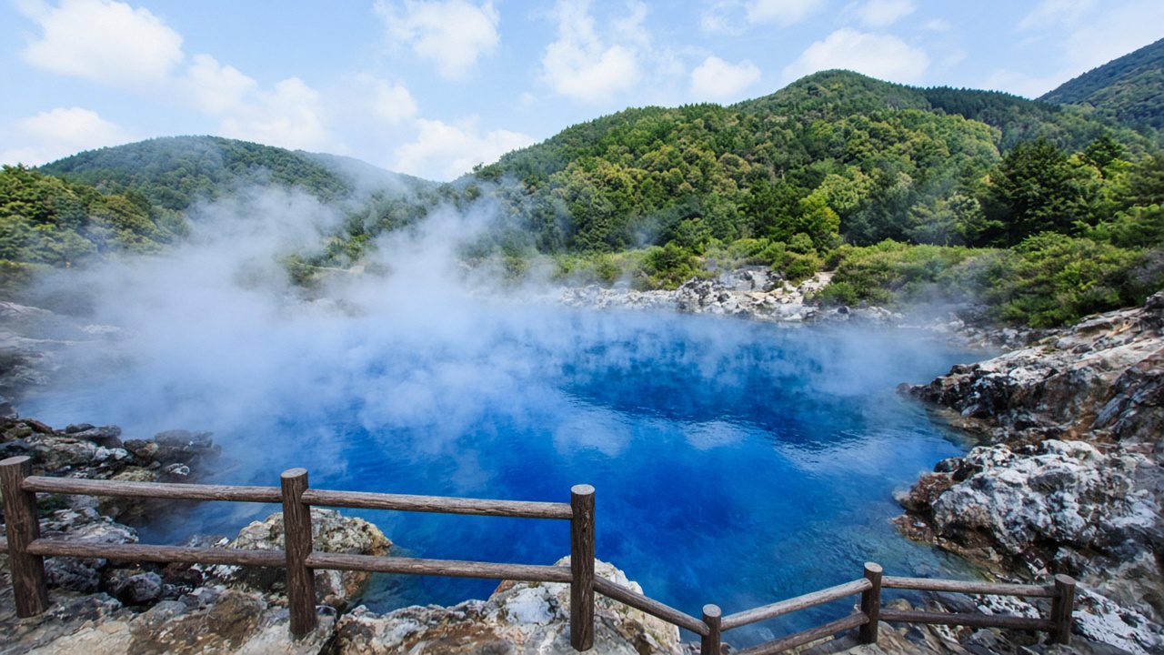 地獄情境示意圖：木柵欄外的藍色熱池冒著蒸氣，背景是綠色山丘