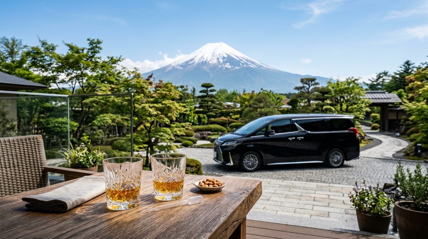 富士山景觀露台威士忌品飲與黑色包車接送情境示意圖