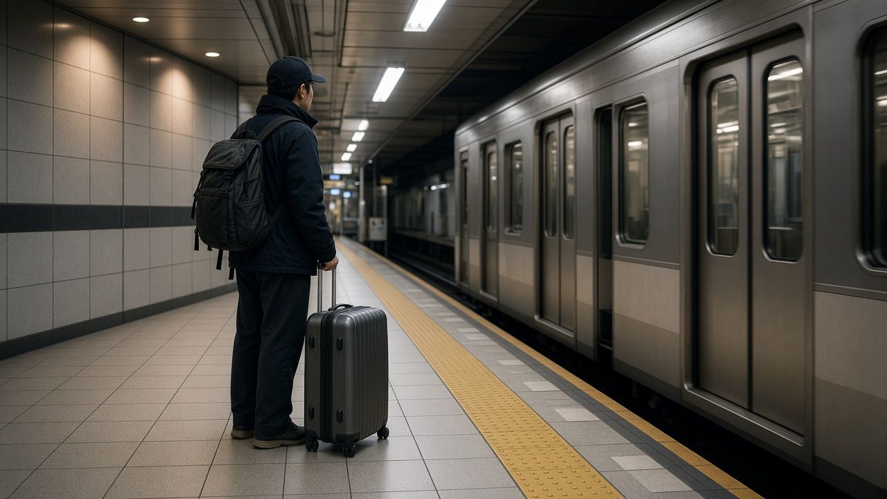 旅客拖著行李箱站在地下鐵月台等車,情境示意