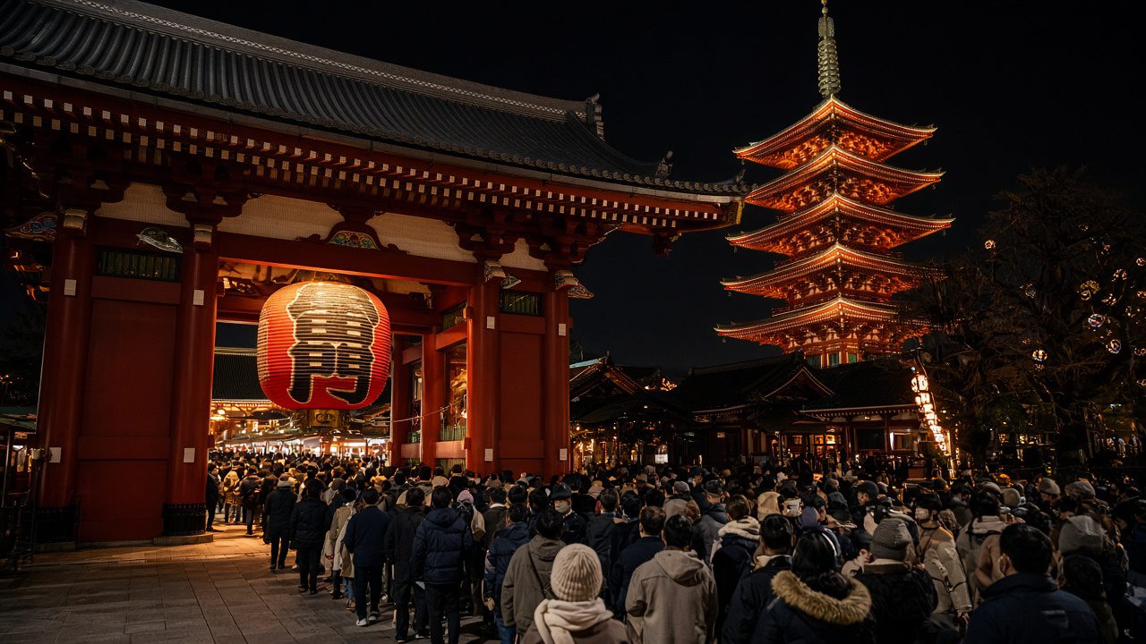 淺草寺新年初詣參拜人潮與夜間燈籠