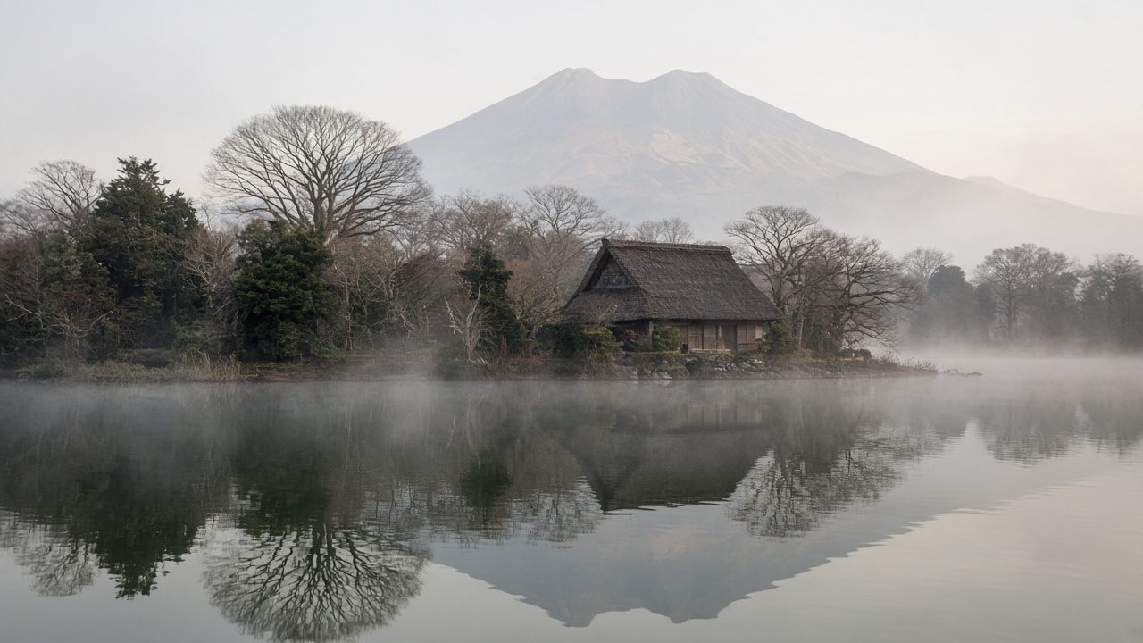 由布院金鱗湖清晨湖面升起晨霧的冬季景色