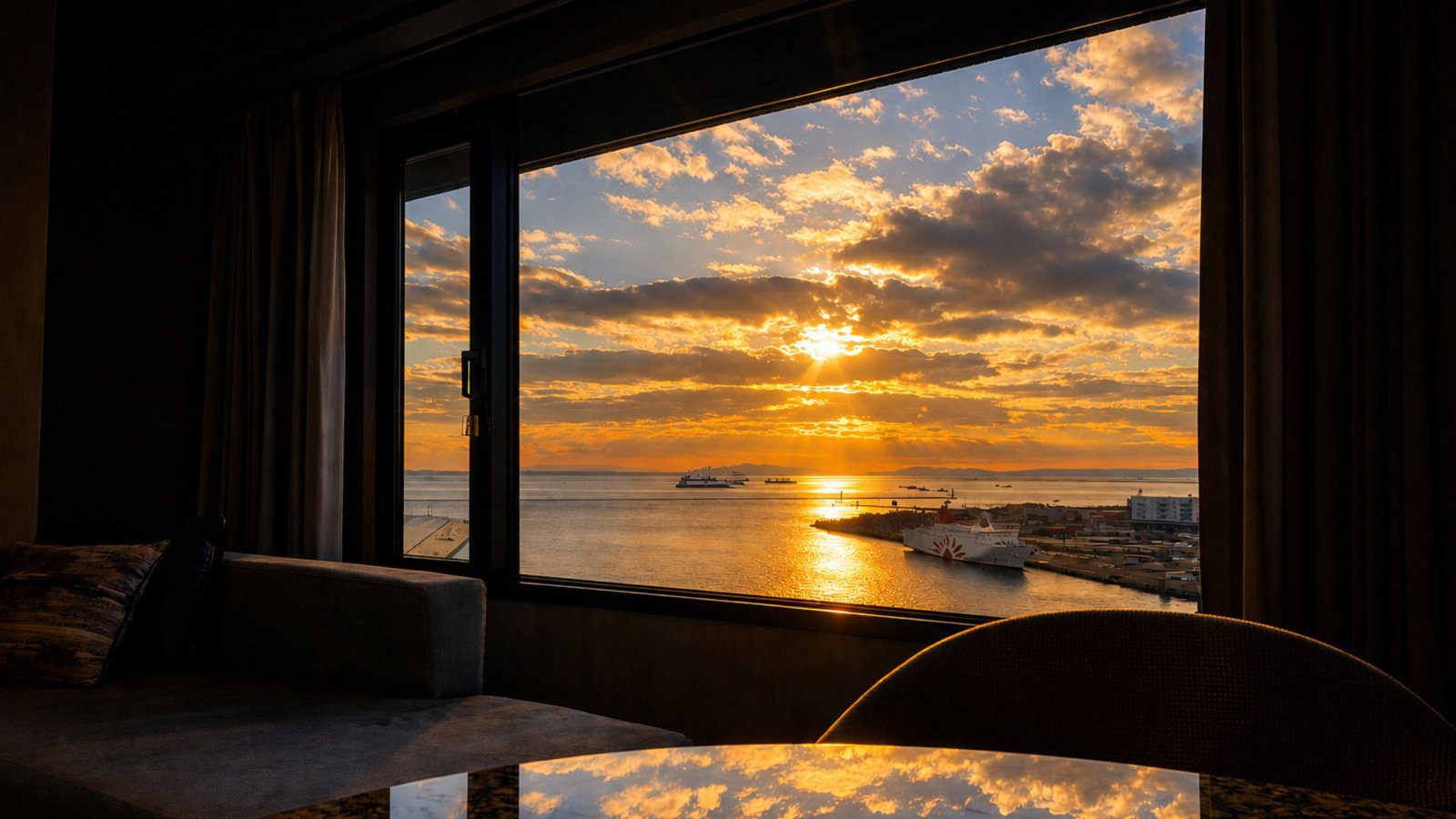 大阪灣格蘭王子大飯店 海景夕陽房窗外的大阪灣日落