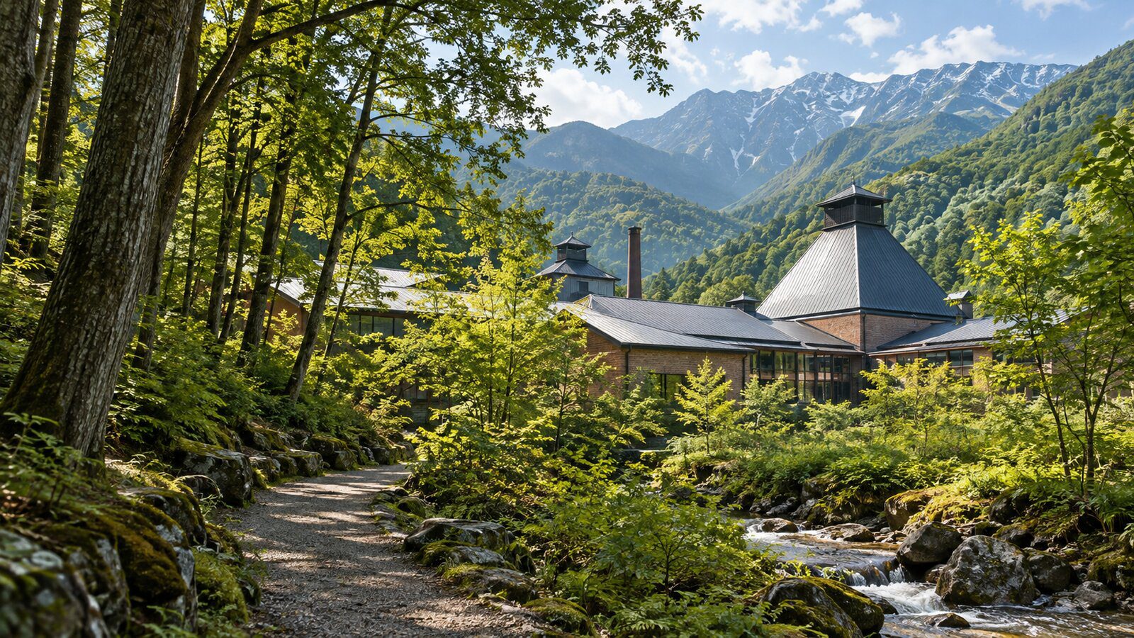 山梨白州森林中的威士忌蒸餾所情境示意圖,非實際館舍