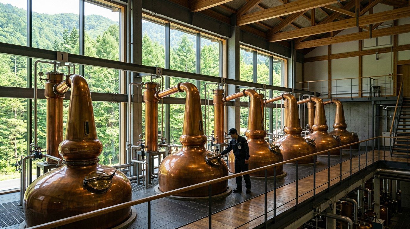 山梨三得利白州蒸餾所森林窗景與銅製壺式蒸餾器情境示意圖