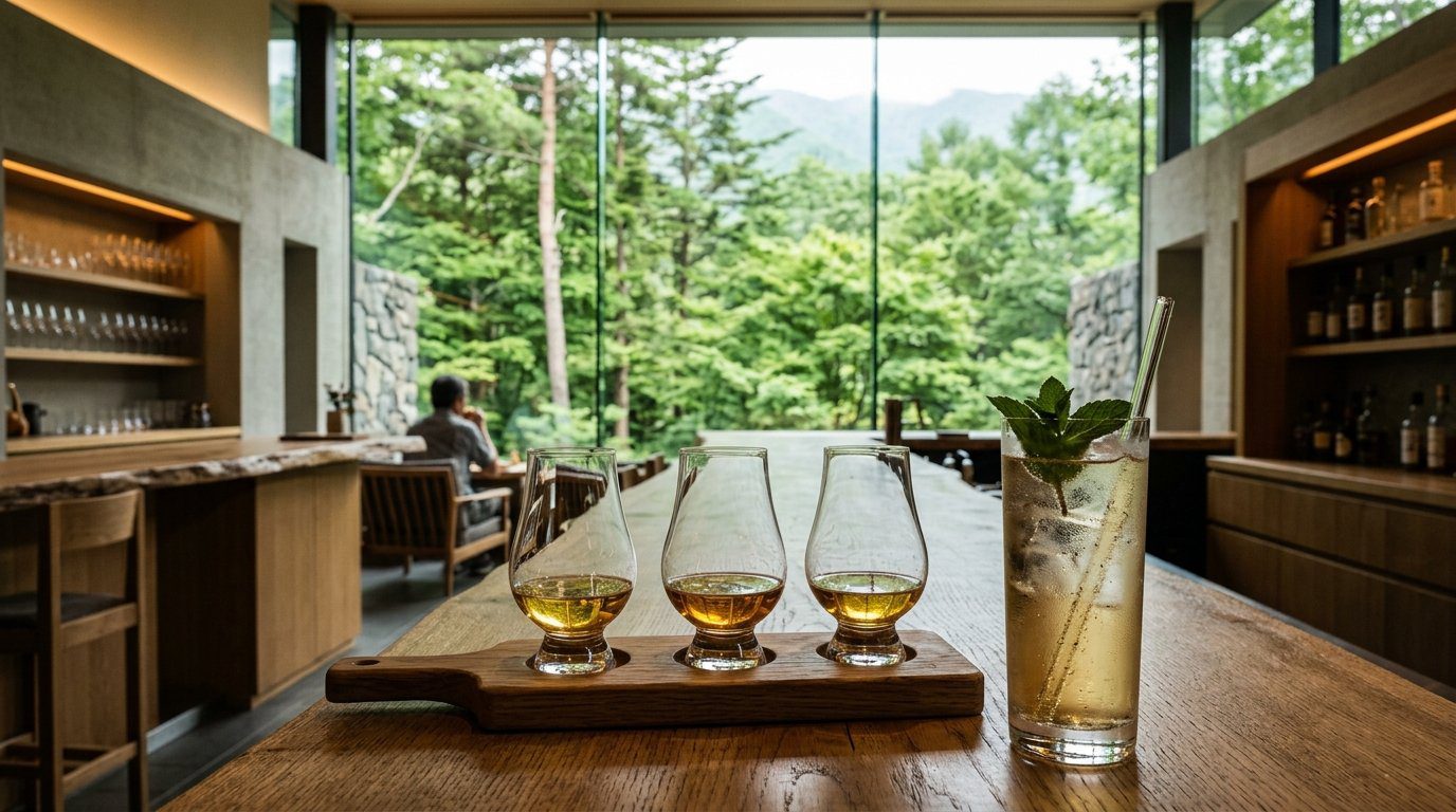 白州蒸餾所Bar Hakushu落地窗森林景觀與威士忌品飲組情境示意圖