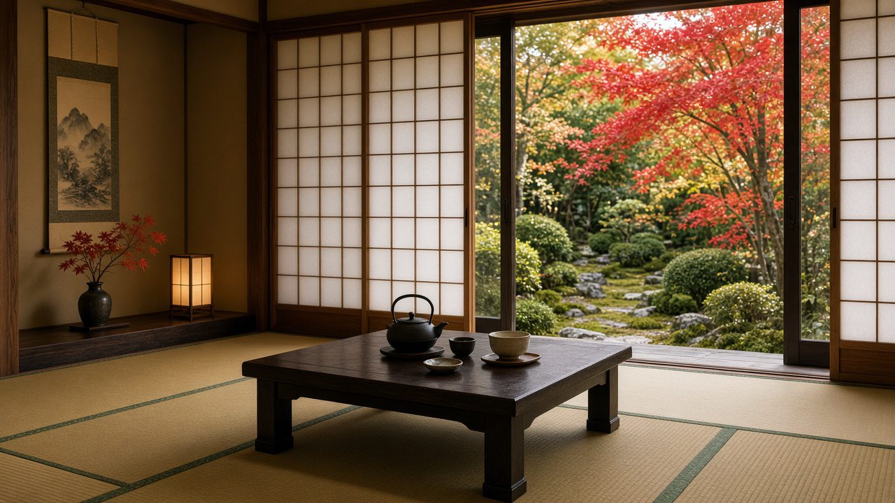 京都風日式旅館和室與庭園紅葉的情境示意