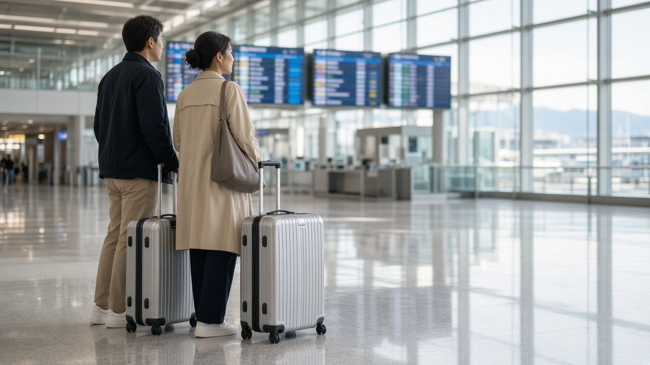 兩名旅客拖著行李箱站在機場大廳看航班資訊,情境示意