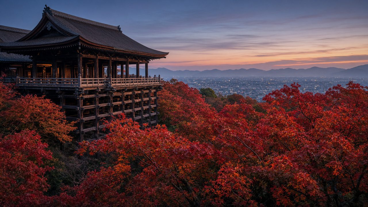 京都清水寺本堂舞台與滿山紅葉黃昏景色