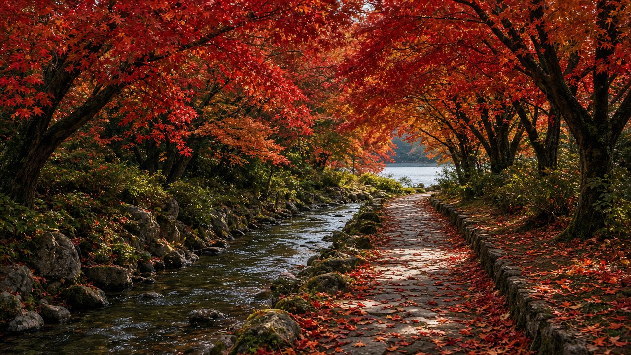 河口湖紅葉迴廊兩側大楓樹形成紅橙色樹廊