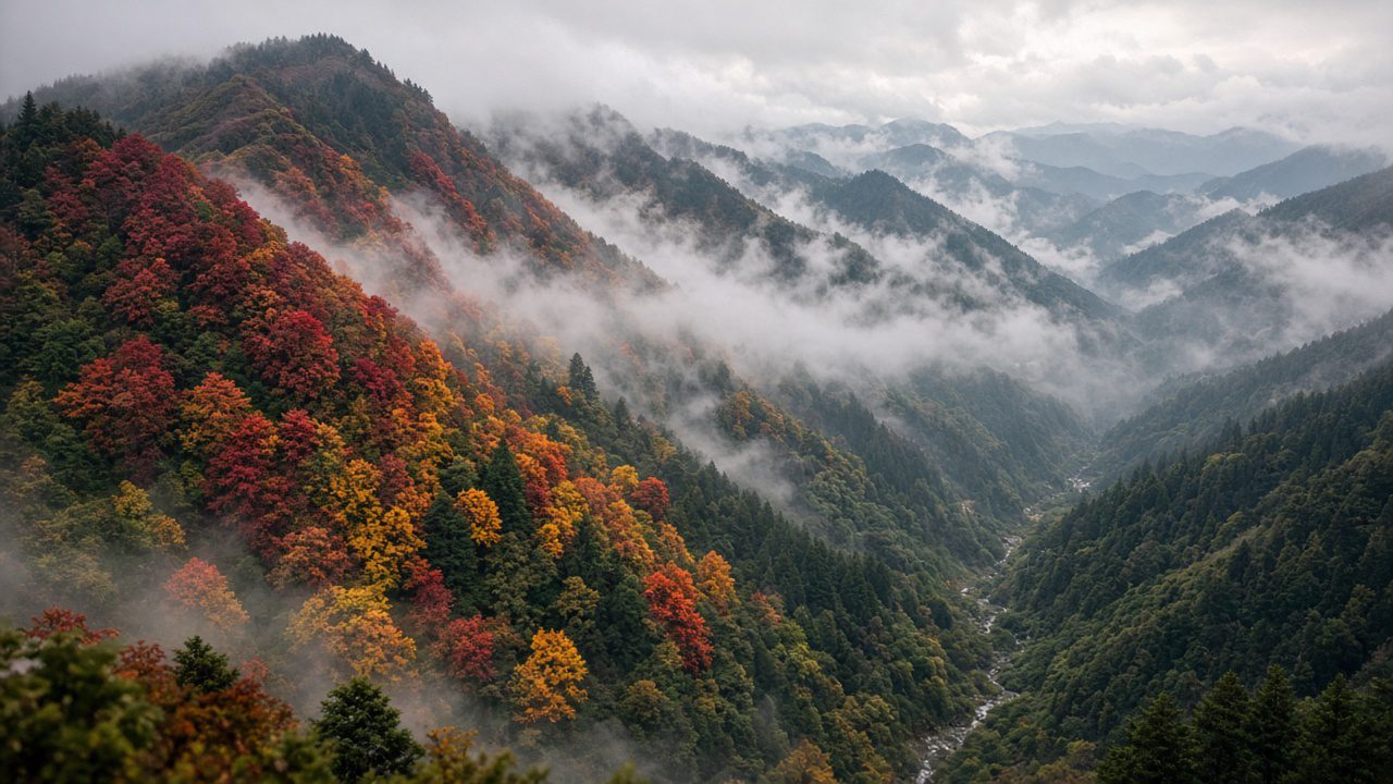 日本山谷秋色由山頂紅黃向山腳綠意漸層,呈現紅葉由北往南、由高往低推進