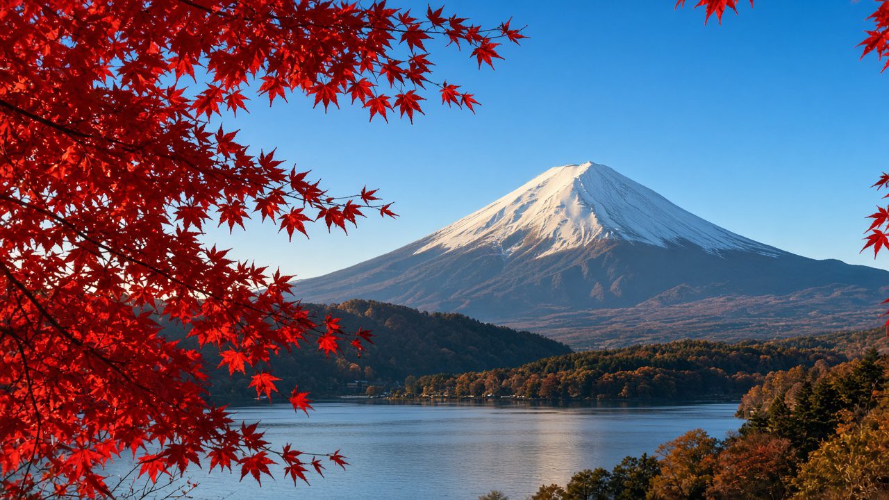 秋日藍天下雪頂富士山與前景火紅楓葉,河口湖畔紅葉景色