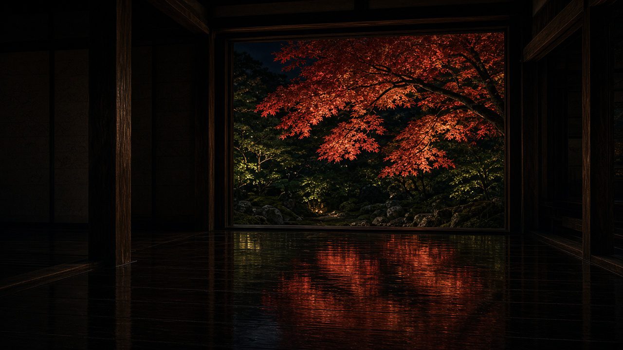 京都寺院夜間點燈,木地板倒映窗外紅葉的床紅葉景色