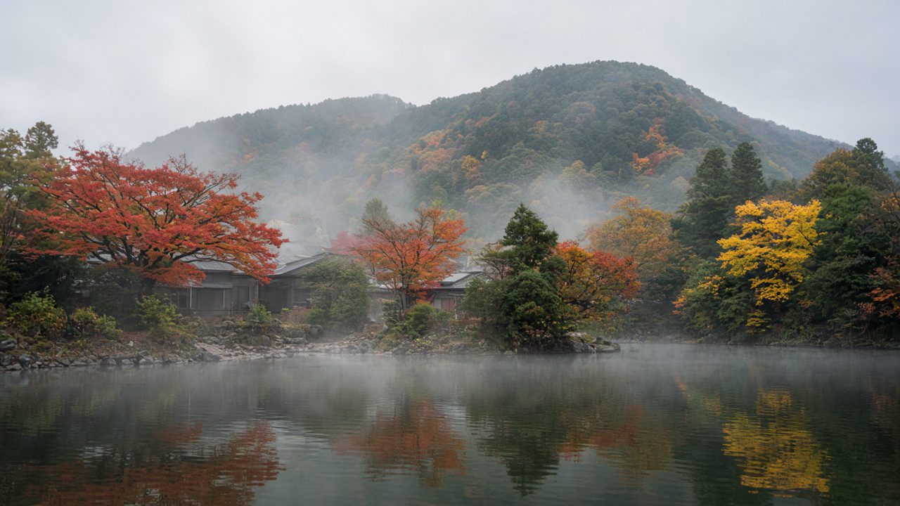 由布院金鱗湖晚秋晨霧與湖畔紅黃樹葉、遠方由布岳