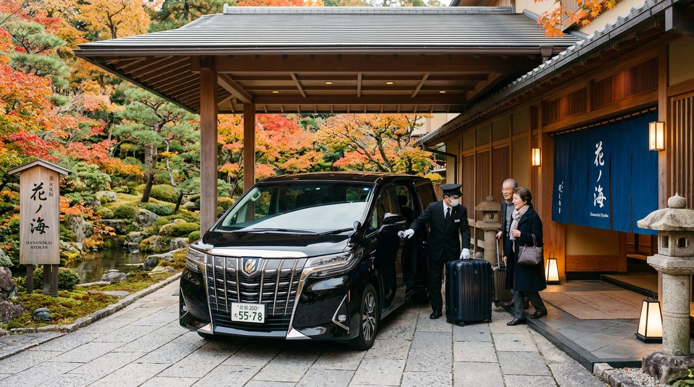 日本包車商務車溫泉旅館門口接送長輩服務情境示意